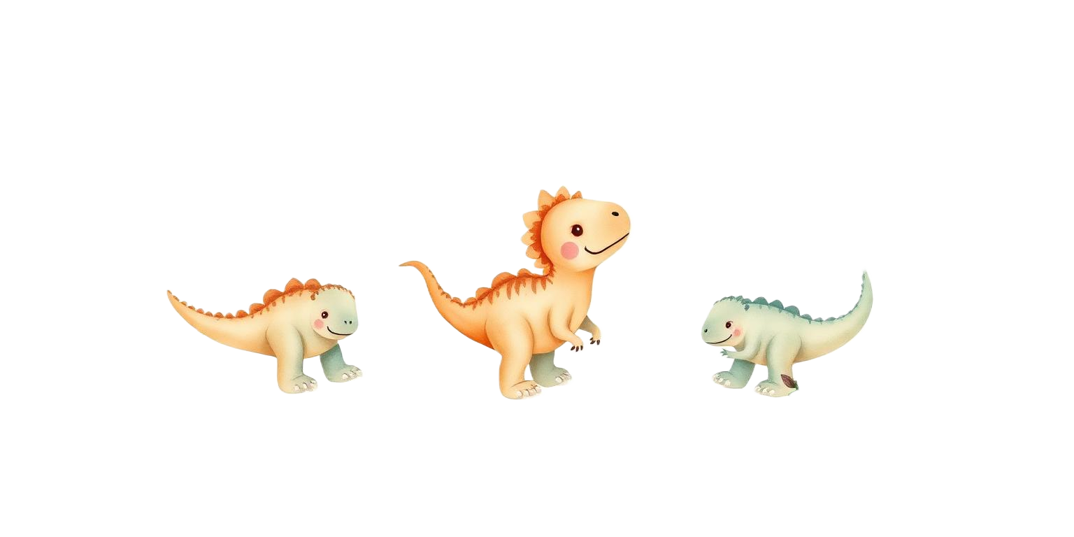 Watercolor illustration of three friendly dinosaurs walking together
